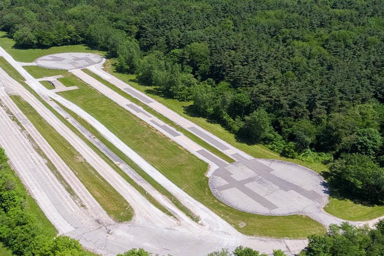 Aerial view of a runway and trees