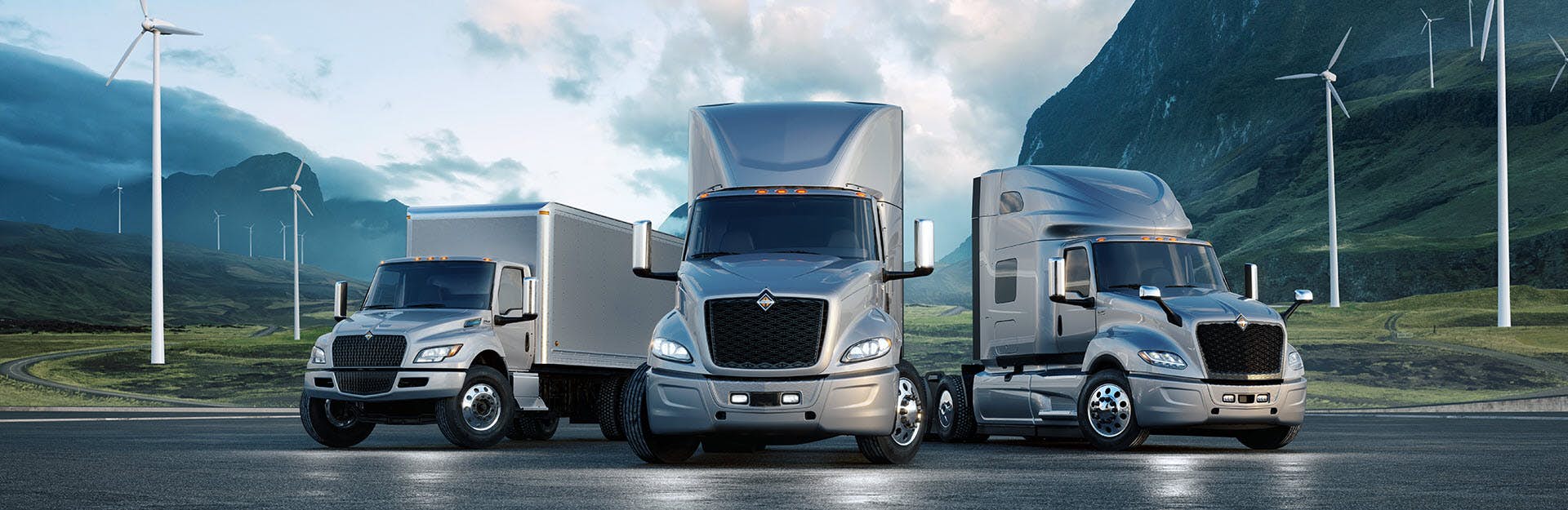 International trucks parked in front of solar field